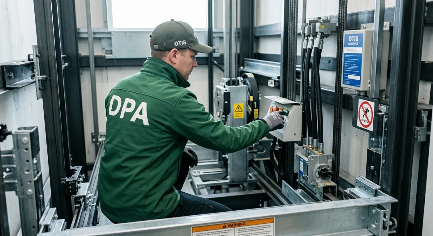 Technicien DPA réalisant l'entretien depuis le toit de cabine d'un ascenseur à Paris
